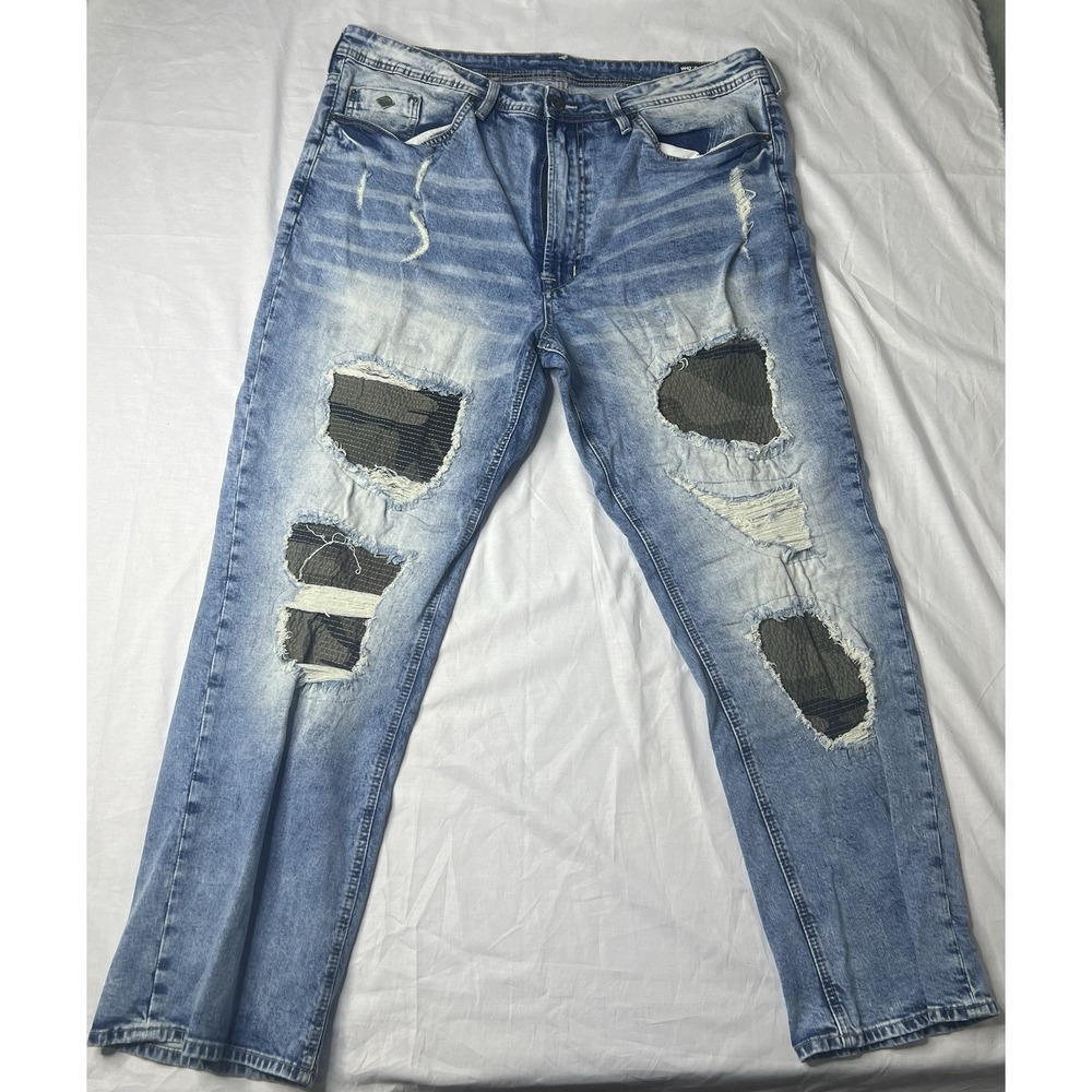 Buffalo David Bitton Six-x Jeans Mens 42x30 Blue Slim Straight Distressed Denim‎
